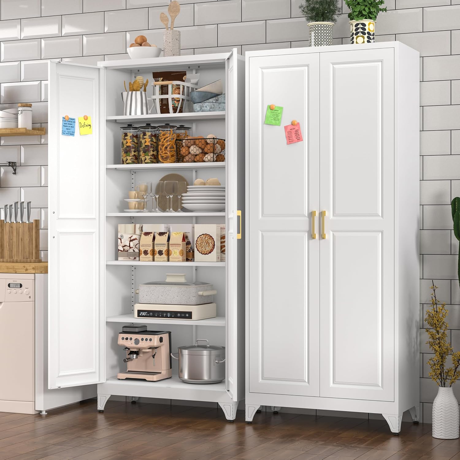 Polup 75" Pantry Cabinet, Tall Metal Storage Cabinet with Doors and Shelves | White Kitchen Cabinet, 5 Adjustable Shelving, Heavy-Duty Steel, Gold Handles, 4 Standing Feet, for Garage Office & Laundry