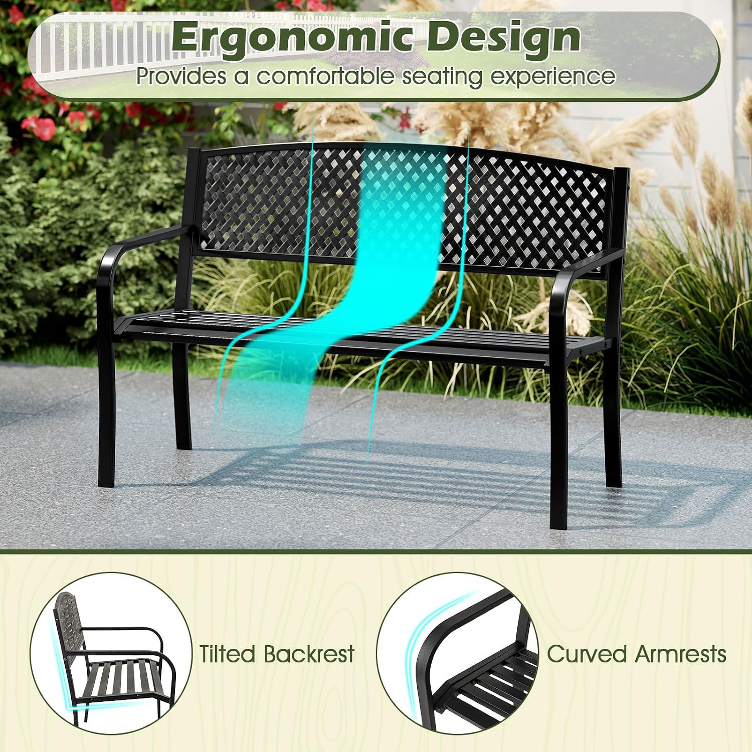 Giantex Metal Outdoor Bench with Mesh Pattern Backrest, Curved Armrests, Load 660Lbs, Slatted Seat for 2-3 Persons, Heavy-Duty Garden Bench for Patio, Backyard, Poolside, Porch, Park (50"×24"×33.5")