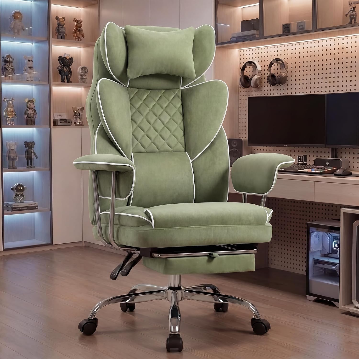 NEO CHAIR Big and Tall Office Chair Gaming Computer Chair High Back Heavy Duty Desk Chai with Lumbar Support Adjustable Recliner Footrest Wide Seat Fabric Executive Home with Wheels (Fabric Green)