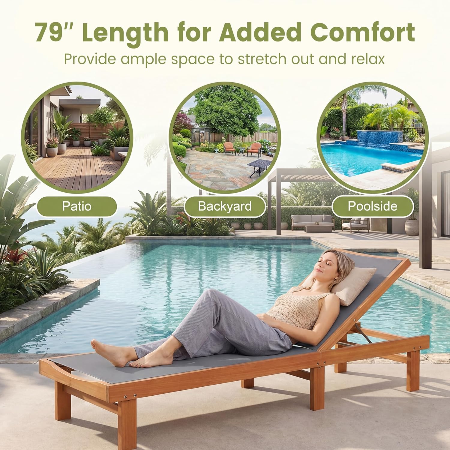 COSTWAY Set of 2 Patio Wood Chaise Lounge Chair, Strong Eucalyptus Wood Frame, 5-Position Adjustable Outdoor Recliner with White Mesh (Grey)