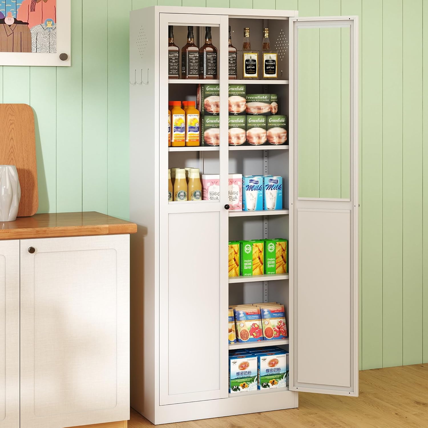 Kitchen Pantry Cabinet, 72" Tall Farmhouse Storage Cabinet, Kitchen Storage Cabinet with with Glass Doors and 5 Shelves, Cupboards Storage Shelf for Dining Room Use, Assembly Required