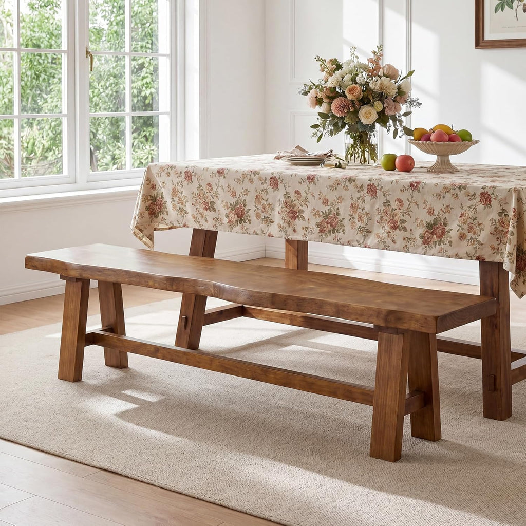 63" Long Solid Wood Dining Bench, Farmhouse Entryway Bench with Angled Legs for Dining Room, Kitchen, Entryway, Rustic Brown