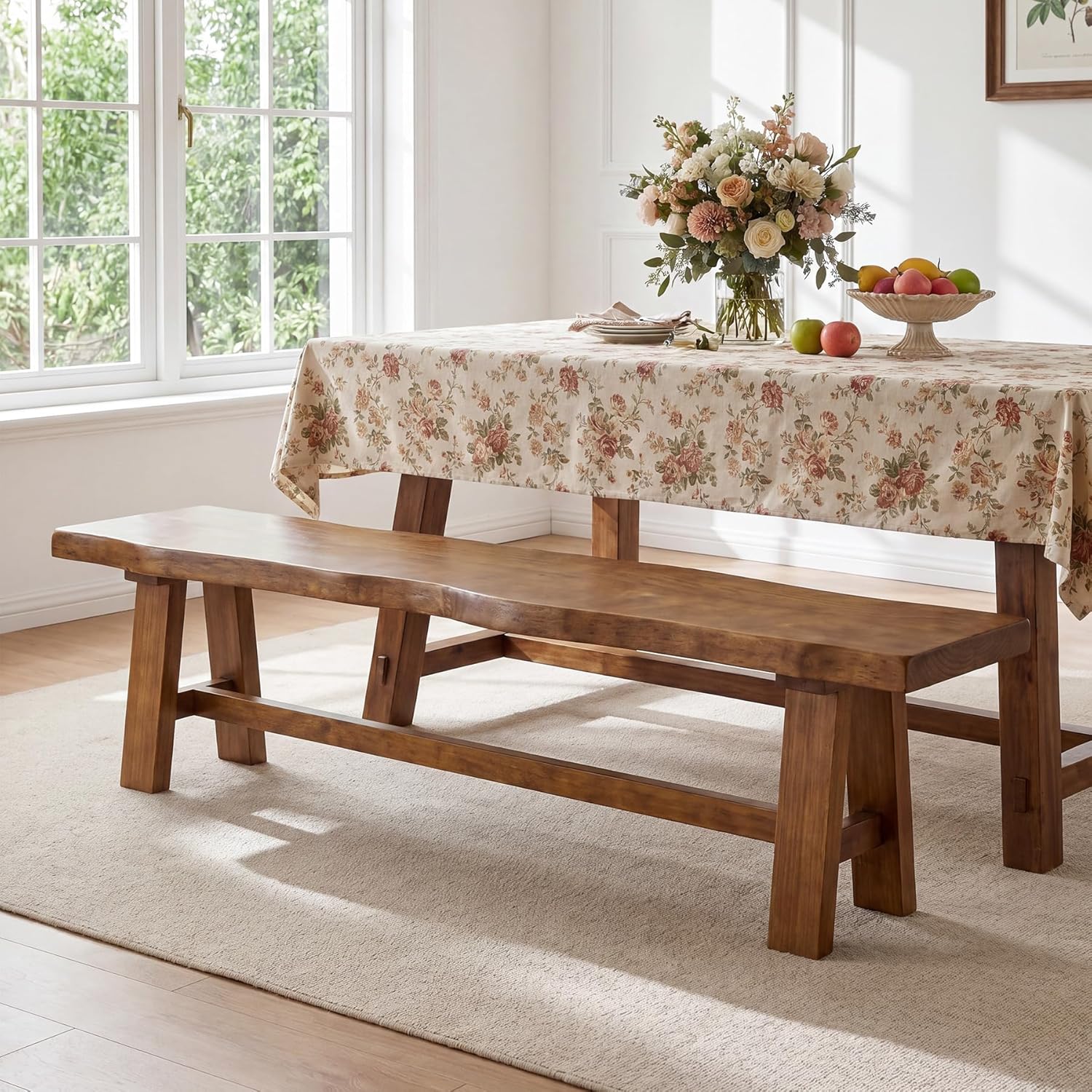 63" Long Solid Wood Dining Bench, Farmhouse Entryway Bench with Angled Legs for Dining Room, Kitchen, Entryway, Rustic Brown