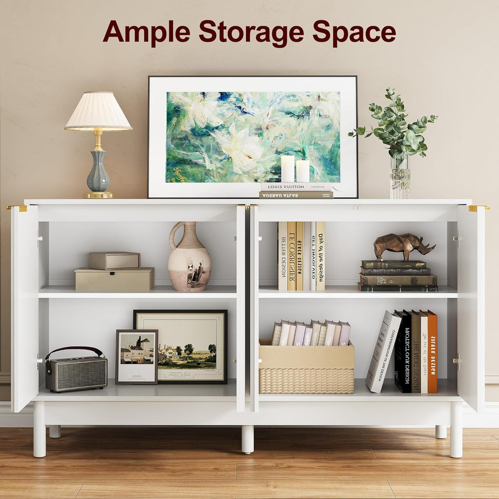 RoyalCraft White Buffet Cabinet with Storage, 55" Fluted Sideboard Buffet Cabinet with 100lbs Load Capacity, Modern Coffee Bar Cabinet with Solid Legs & Adjustable Shelves for Dining Room, Kitchen