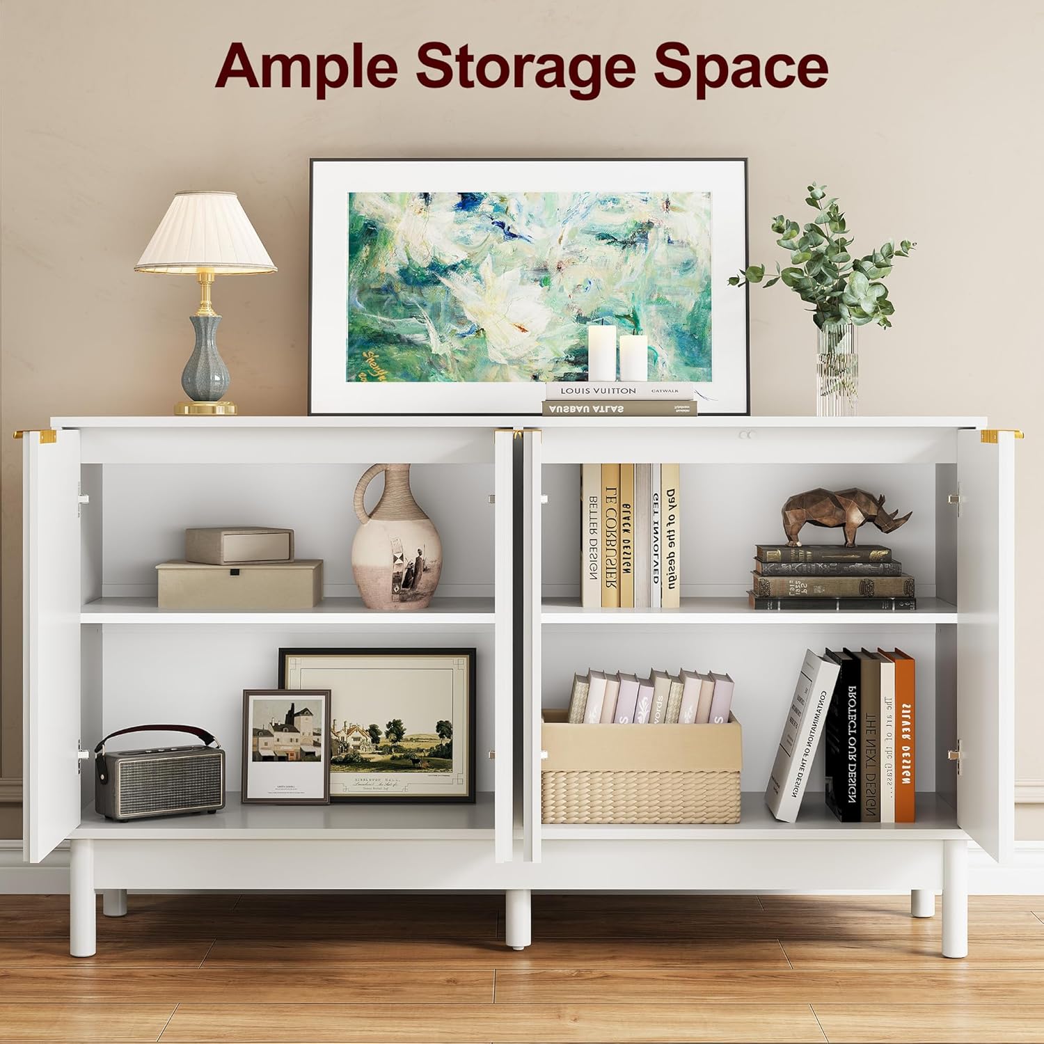 RoyalCraft White Buffet Cabinet with Storage, 55" Fluted Sideboard Buffet Cabinet with 100lbs Load Capacity, Modern Coffee Bar Cabinet with Solid Legs & Adjustable Shelves for Dining Room, Kitchen