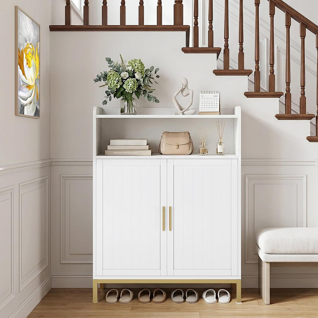 DreamDashio Shoe Cabinet with Adjustable Shelves & Doors, 7-Tier Farmhouse Shoe Storage Cabinet with Golden Metal Legs, 47.2'' Tall Shoes Rack Organizer Cabinet with Open Storage for Entryway, Hallway