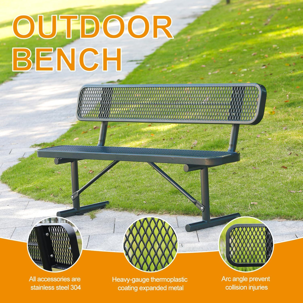 Outdoor Furniture Expanded Metal Bench, Heavy-Duty Park Steel Bench with Backrest, Weatherproof, Commercial-Grade, Thermoplastic Coating, Suitable for Garden, Patio, Outside (Black, 6ft)