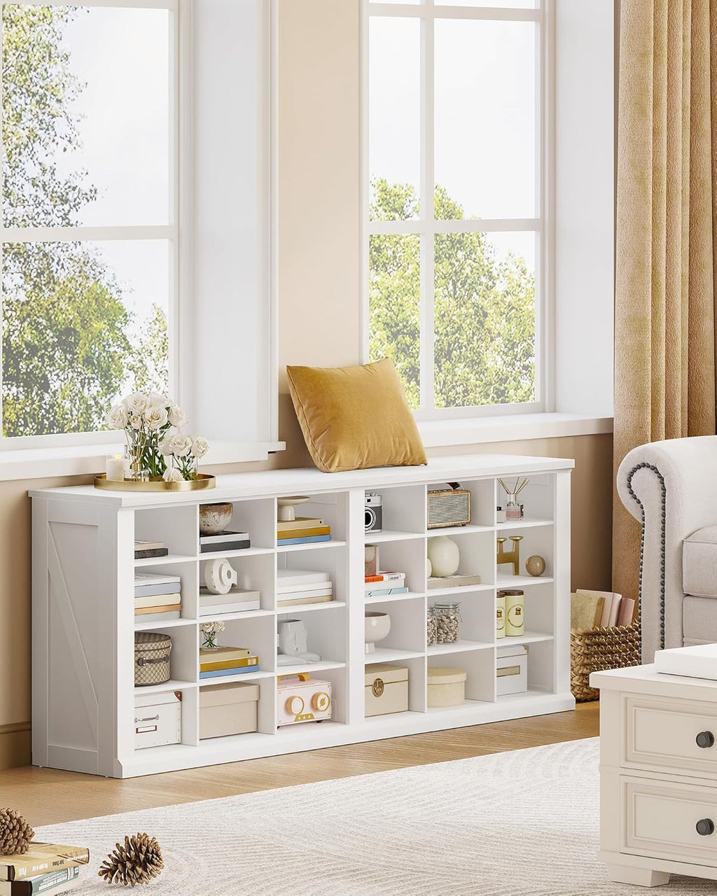 Hzuaneri Farmhouse Shoe Storage Bench, Entryway Shoe Cubby Bench, Widened Wooden Shoes Cubbies with Compartments, Shoes Rack Benchs for Cloakroom, Living Room, White SB52503X