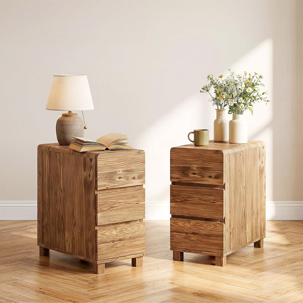Set of 2 3 Drawers Solid Wood Side End Table for Living Room, Rustic Farmhouse Narrow Sofa Tables with Storage for Small Space, Bed Side Tables Bedroom