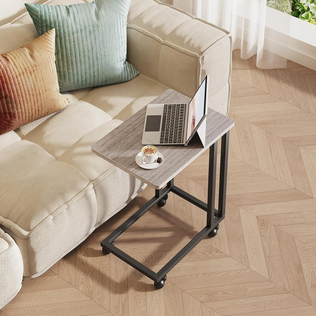 Sweetcrispy C Tables Counch that Slide Under, Bed Side Table Tray Sofa Portable Rolling with Wheels Metal Frame Adjustable Feet, Wood Stand for Living Room Entryway Small Space Bedroom, Grey