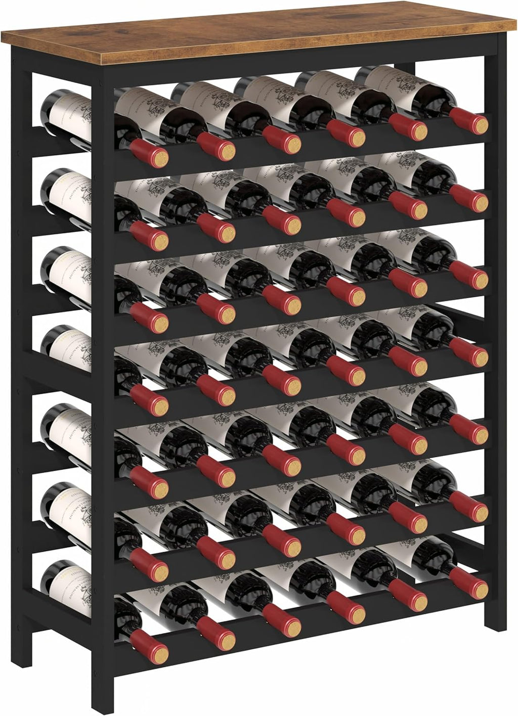 42 Bottles Bamboo Wine Rack Freestanding Floor, 7-Tier Wine Storage Shelf with Table Top, Wine Display Holder for Kitchen Pantry Bar Cellar, Rustic Brown and Black