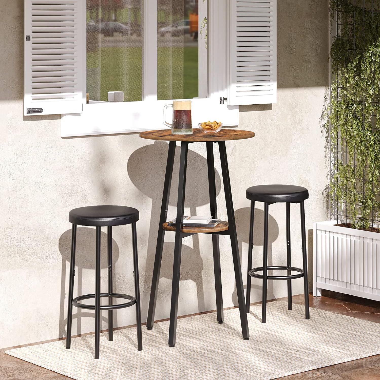 HOOBRO Bar Table, Round Pub Table, 2-Tier with Storage, 37.4" High Top for Small Spaces, with Top Particleboard for Kitchen, Easy to Assemble, Rustic Brown BF55BT01