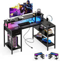 DUMOS 47" Gaming Desk with USB Charging Ports & LED Lights, Reversible L-Shaped Corner Computer Table for Small Spaces, Power Outlets, Monitor Stand & Storage Shelves Included, Black
