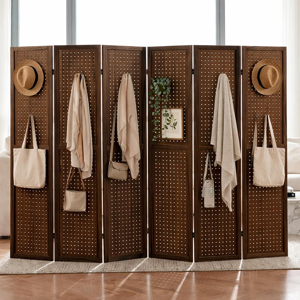 6 Panel Pegboard Room Divider, 5.6 Ft Folding Privacy Screen, Freestanding Wooden Display Board Organizer for Craft Show, Jewelry Display, Bedroom, Office, Brown