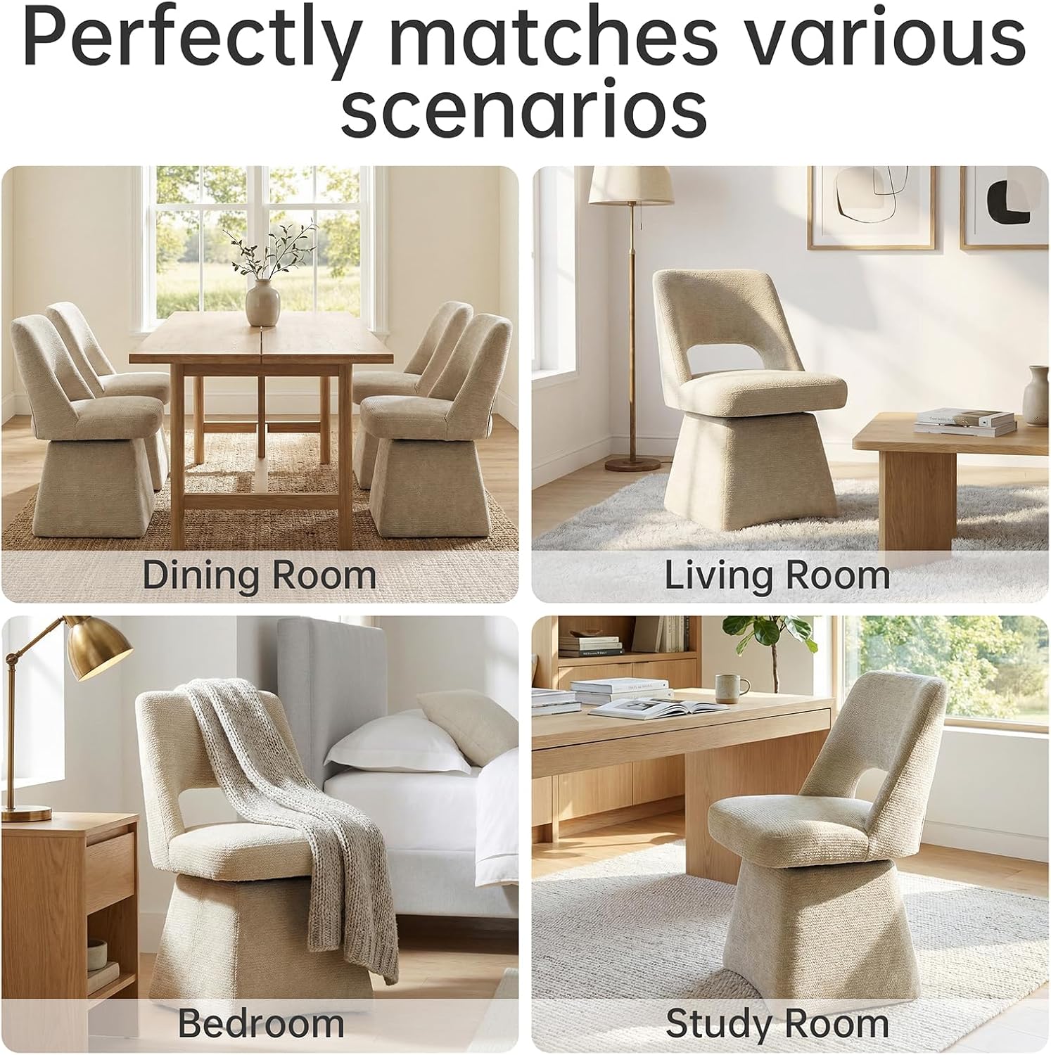 VKNOW Upholstered Swivel Dining Chairs, Modern Dining Room Chairs with Open Back, Chenille Fabric Kitchen Chairs for Dining Room, Living Room, Bedroom, Vanity, Khaki(1 Pack)