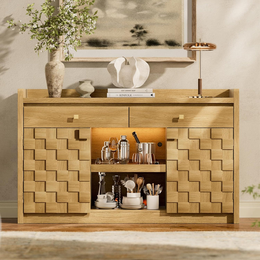 STO'SENSE 55" Sideboard Buffet Cabinet with Charging Station & LED Light, Coffee Bar Cabinet with Drawers, Pull-Out Shelf & Door Rack, Modern Storage Cabinet for Kitchen, Dining Room