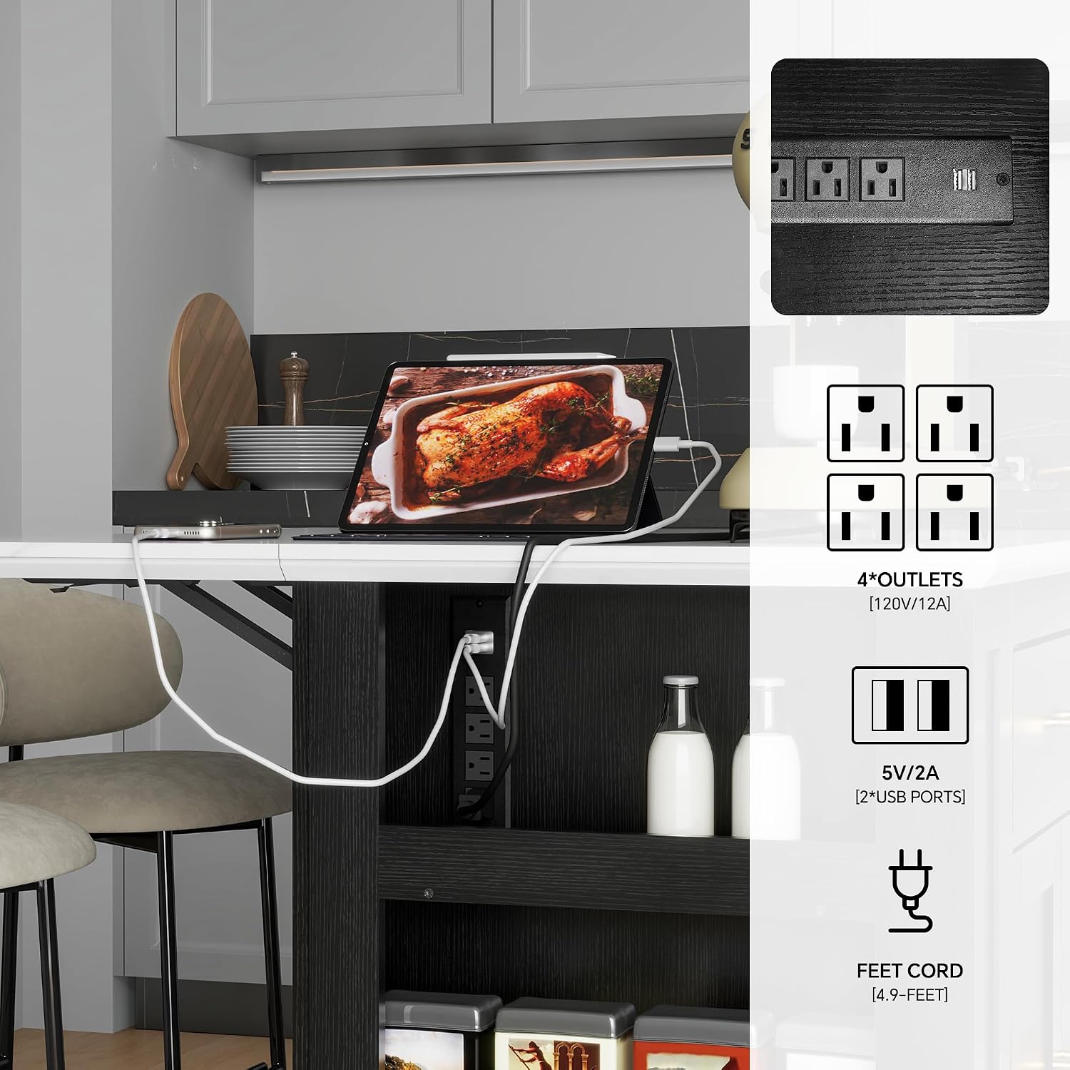 FUSUNBAO Large Kitchen Island with Storage, Drop Leaf & Outlet,Black | Power Outlet,Drawer, Adjustable Shelves, Side Open Compartments, Drop Leaf, Footrest
