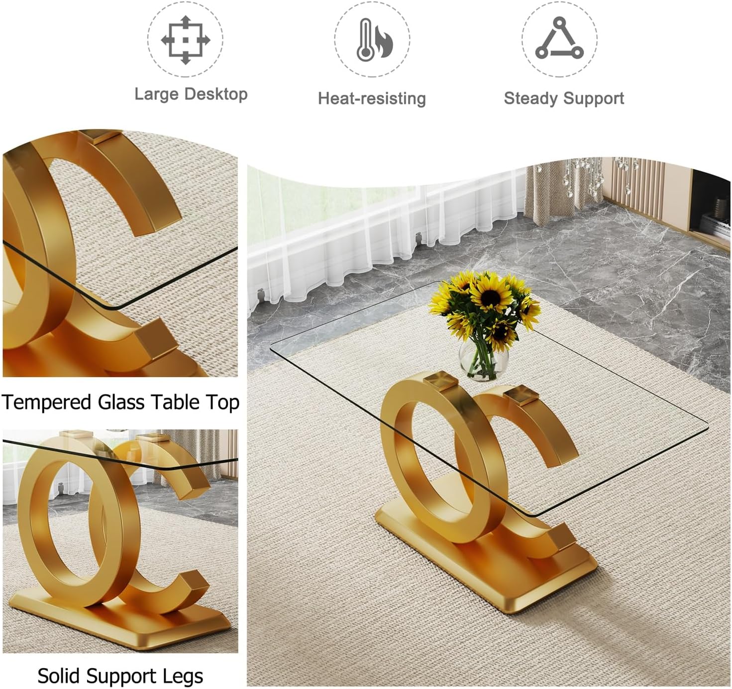 Ebullient 63'' Glass Dining Table for 6, Modern Rectangular Tempered Glass Table with Gold OC Design Base, Elegant Space-Saving Dining Room Table for Kitchen and Living Room