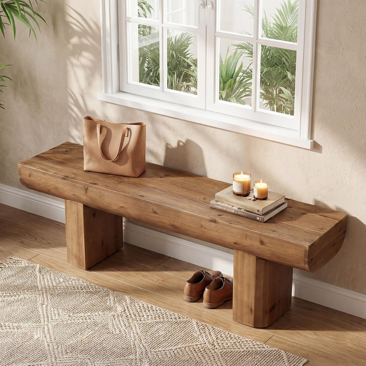 55'' Solid Wood Entryway Bench, Farmhouse Wood Dining Bench, Rustic End of Bed Bench for Bedroom, Living Room, Hallway