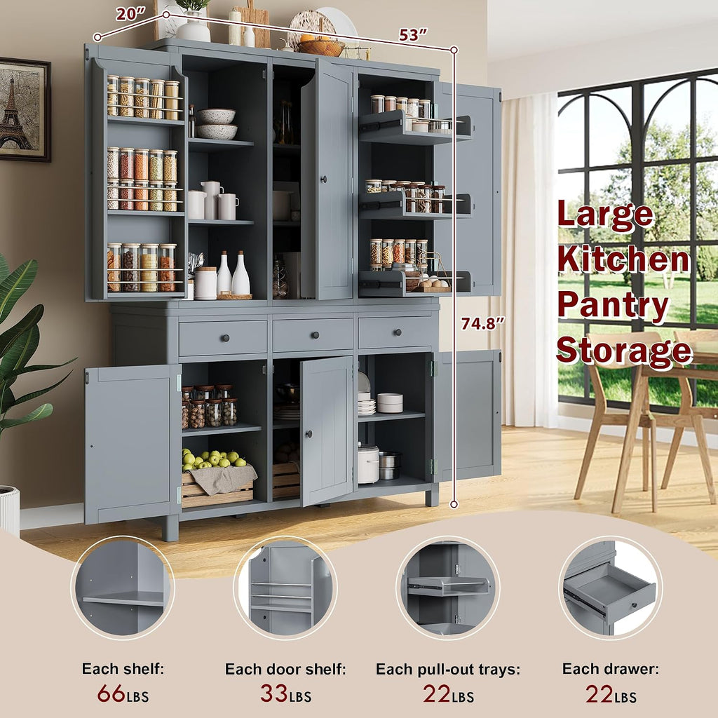 Harper & Bright Designs Kitchen Pantry Storage Cabinet with Door Shelves, Adjustable Shelves, Pull-Out Trays and Drawers, Freestanding Cupboard for Kitchen, Dining Room, Living Room,Grey