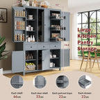 Pantry Storage Cabinet with Door Shelves and Drawers, Freestanding Tall Cupboard with Adjustable Shelves and Pull-Out Trays (Gray)