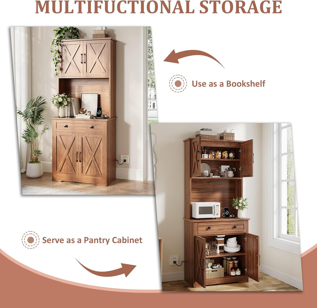 Garvee 71" Pantry Cabinet with Charging Station, Tall Kitchen Pantry Storage Cabinet with Microwave Stand, Large Farmhouse Kitchen Hutch with Cabinet Doors & Drawer for Living Room, Dining Room