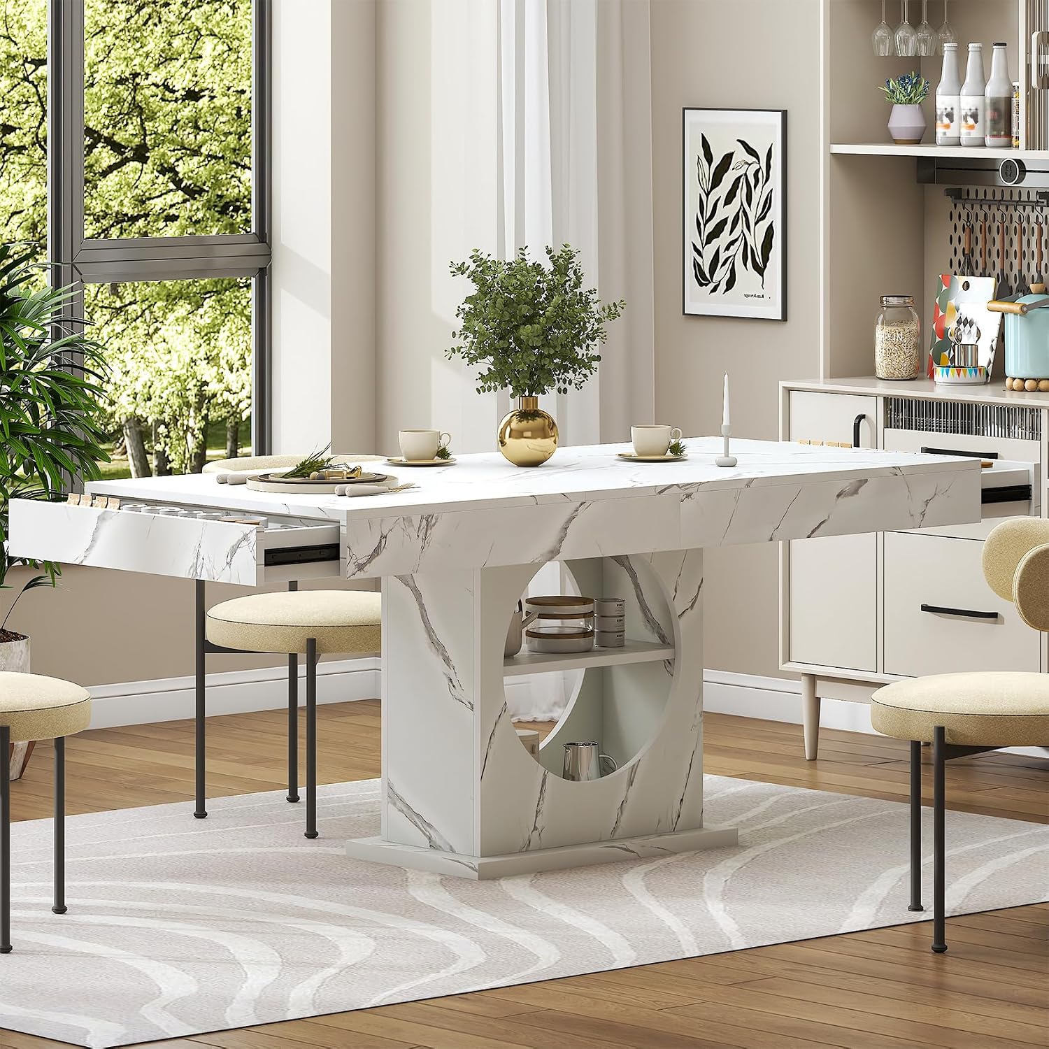 Dining Table for 4-6 People, 55 Inches Dinner Table with Drawers and Open Storage, Wooden Pedestal Base, Rectangular Farmhouse Kitchen Table for Kitchen, Living Room, Marble White