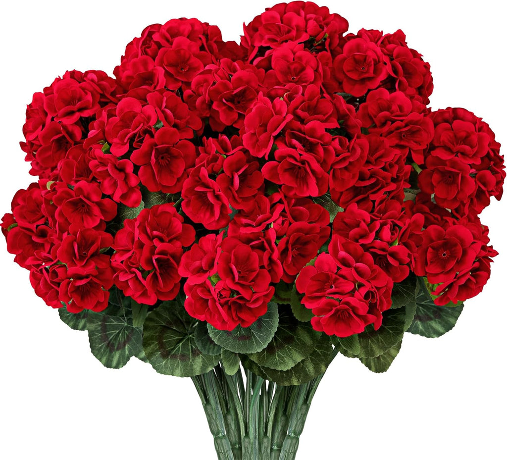 6 PCS 14" Artificial Geranium Flowers for Outdoors, Realistic Artificial Flowers UV Resistant Silk Faux Geraniums for Garden Planter Windowsills Patios Wedding Outdoor Home Decor, Red