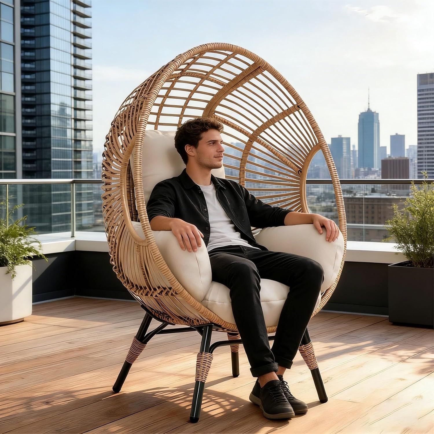 Balcony Chairs Wicker Egg Chair, 400lbs Capacity, Indoor Outdoor Use, Weather-Resistant PE Rattan(Natural)