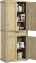 72" Tall Pantry Cabinet with Rattan Decorated Panel, Freestanding Kitchen Storage Cabinet with 4 Doors, Drawer, 5-Tier Shelf and Adjustable Shelves, Oak,15.8 * 30 * 72