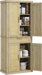 72" Tall Pantry Cabinet with Rattan Decorated Panel, Freestanding Kitchen Storage Cabinet with 4 Doors, Drawer, 5-Tier Shelf and Adjustable Shelves, Oak,15.8 * 30 * 72