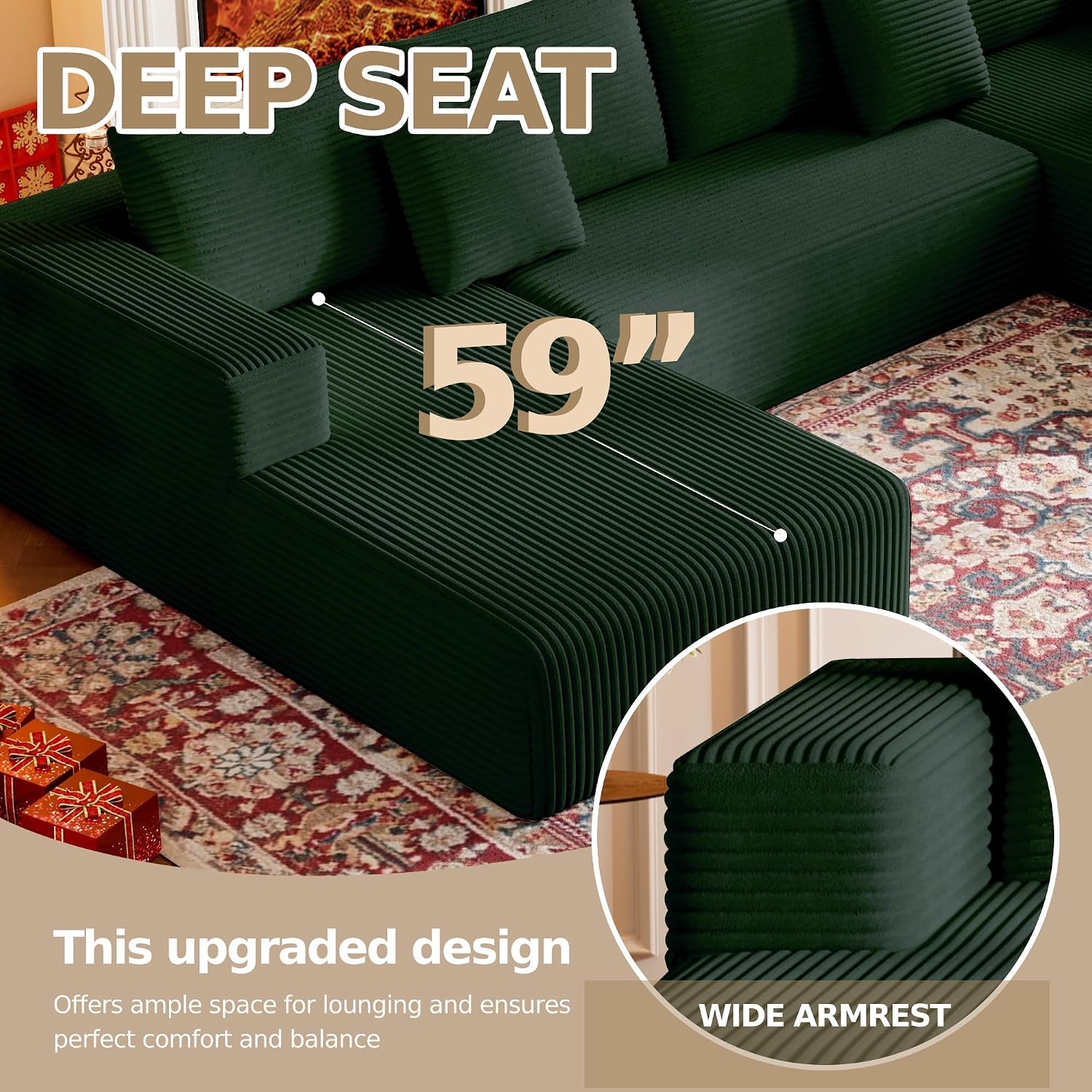 CHORRO134.6''Sectional Boneless Couch for Livingroom,Modular Corduroy Cloud Couch, U-Shaped Sofa with Chaise and Pillows,4-Deep Seat Sectional Sofa with 1 Ottoman,(Green,Left Chaise)