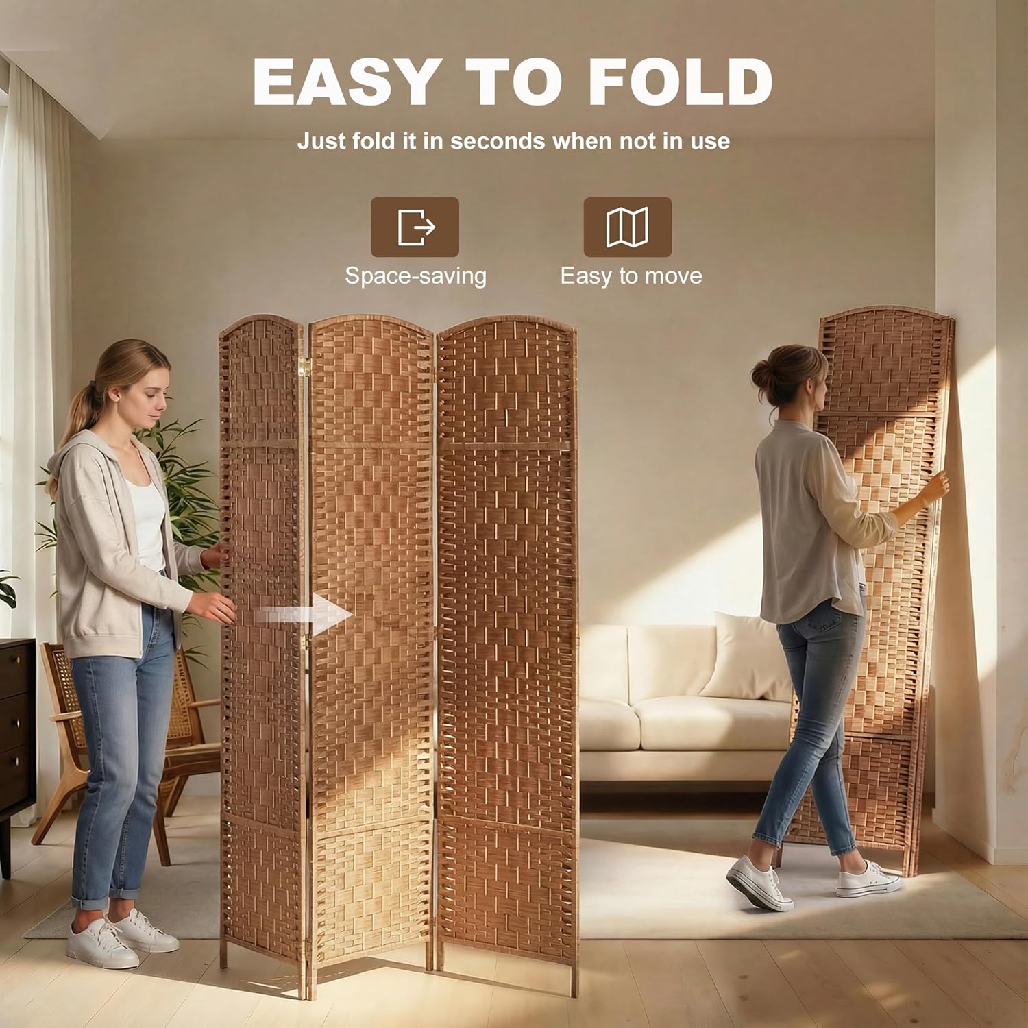 HOMCOM Room Divider 3 Panel, 6FT Tall Folding Privacy Screen, Freestanding Hand-Woven Partition for Room Separation with 360° Hinges, Paper Rope Diamond Weave, Natural