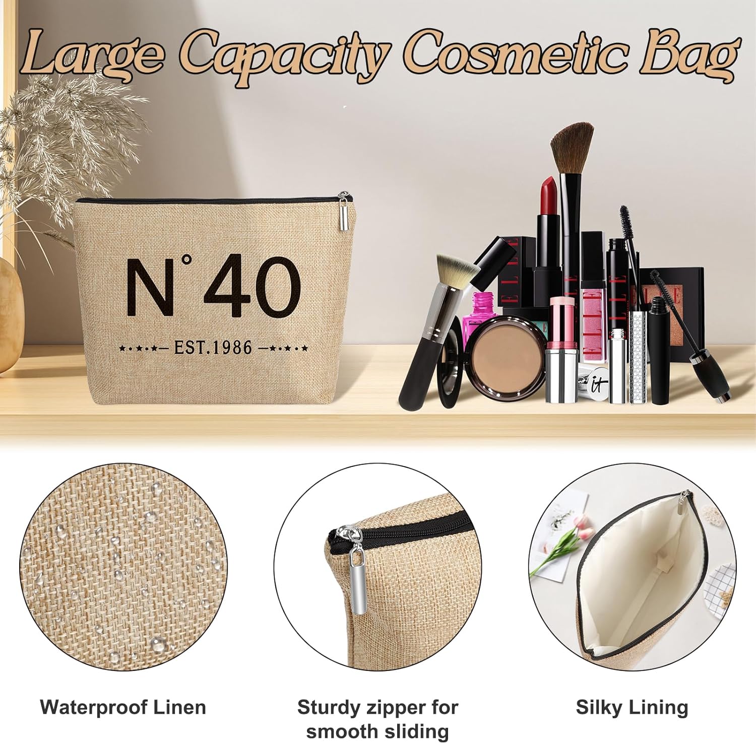 YeohJoy 40th Birthday Gifts for Women Jute Tote Bag, Vintage N°40 Burlap Handbag with Cosmetic Bag and Back in 1986 Poster, Unique 40 Years Old Gifts for Mom Wife Friends Sister Her