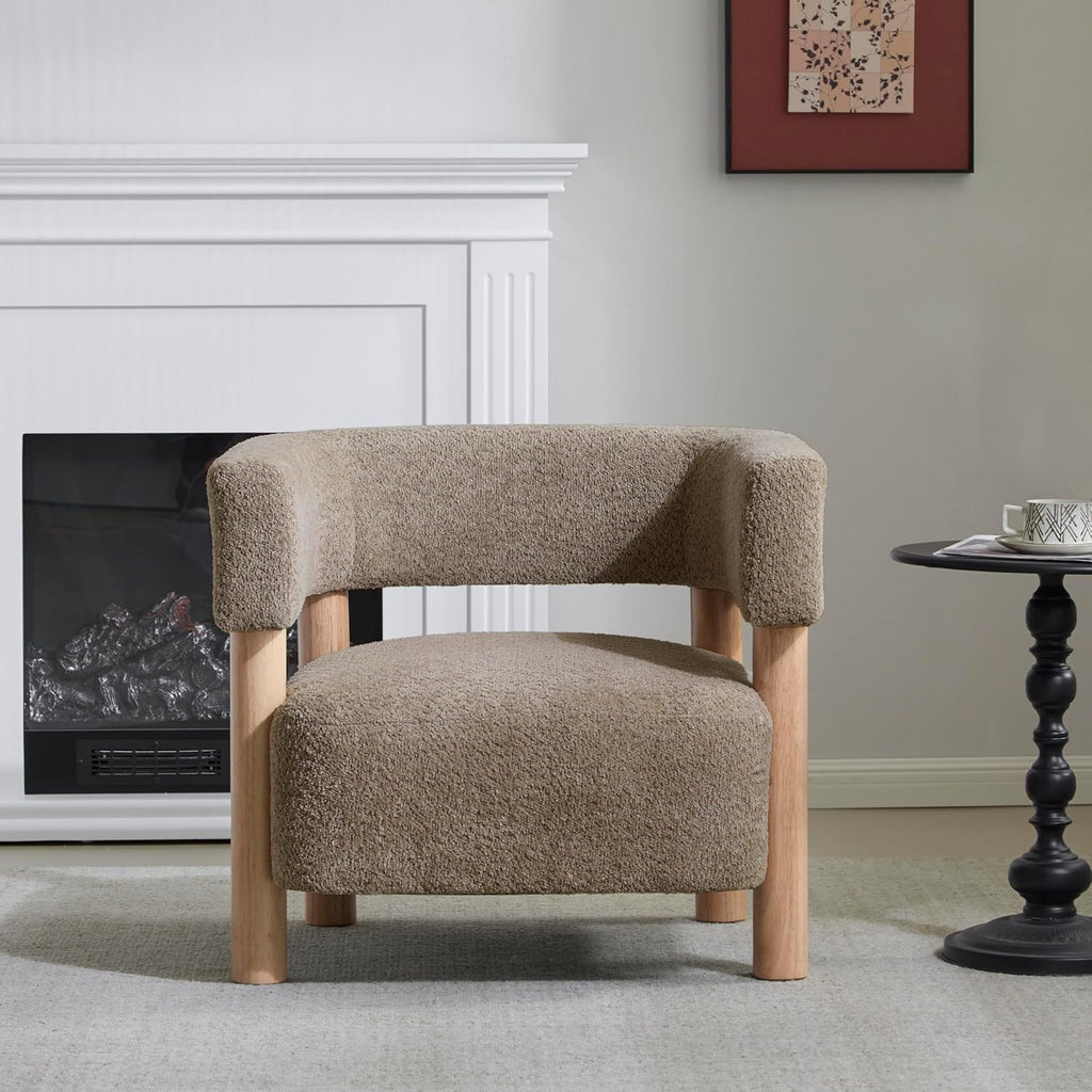 Christopher Knight Home Carly Low Profile Accent Chair, Round Backrest Side Chair, Living Room Armchair with Boucle Fabric Cushion,Comfy Reading Chair for Bedroom,Wooden Single Lounge Sofa,Light Camel