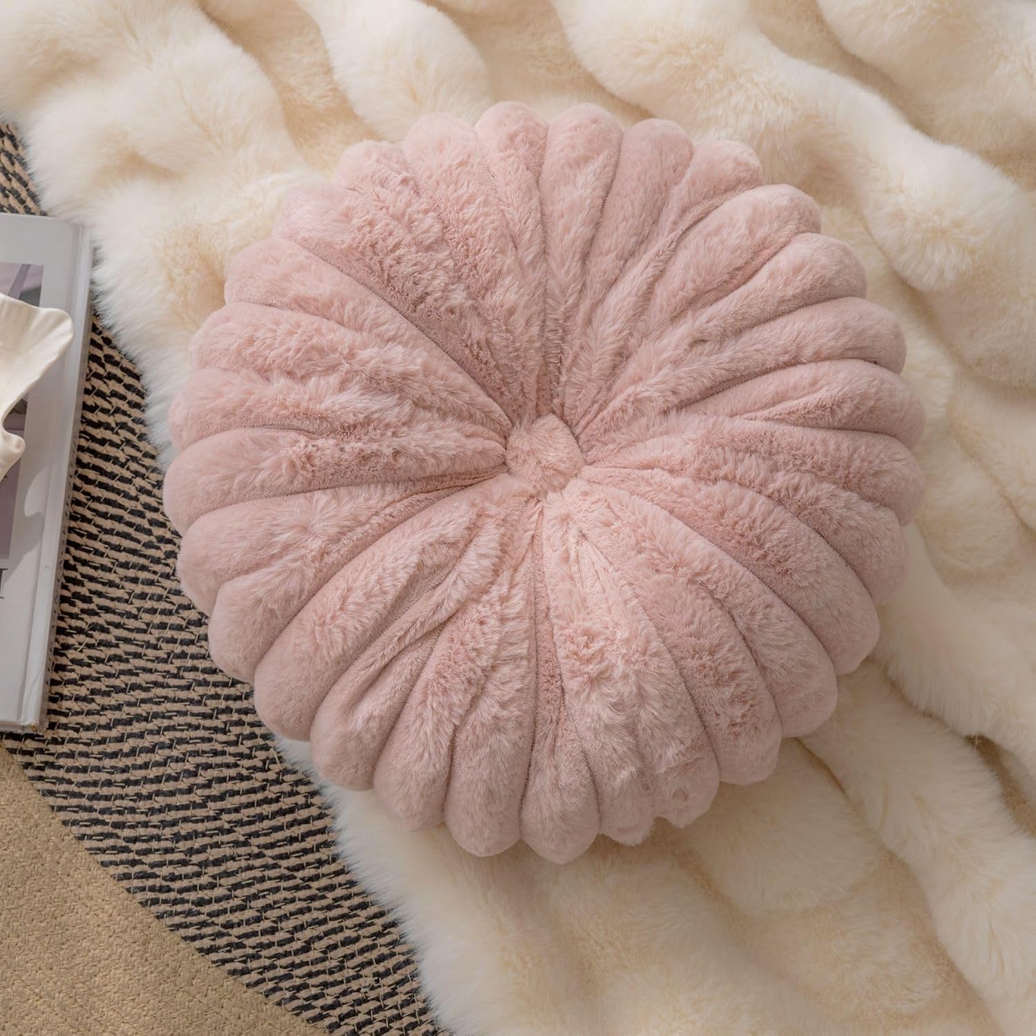 vctops Round Throw Pillow Soft Faux Fur Decorative Pillow Small Pumpkin Throw Pillow Cushion for Living Room Sofa Bed (Pink,13.7" Diameter)