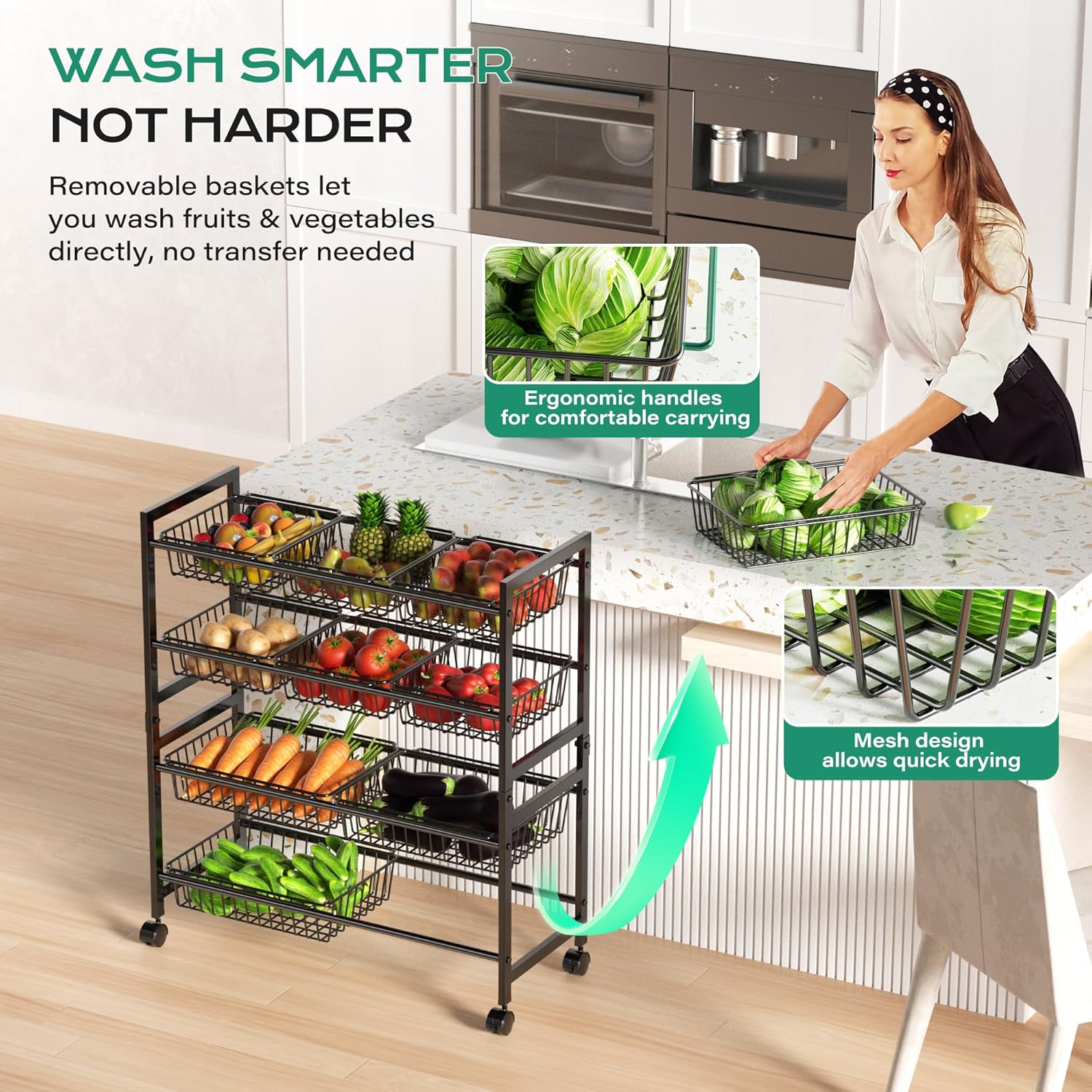 Cinati 4-Tier Snack Cart with Wheels, 29''W Toy Storage Organizer, Rolling Pantry Storage Cart with 10 Wire Baskets & Handle,Adjustable Metal Snack Rack, Kitchen Organizer for Fruit, Vegetables(Black)