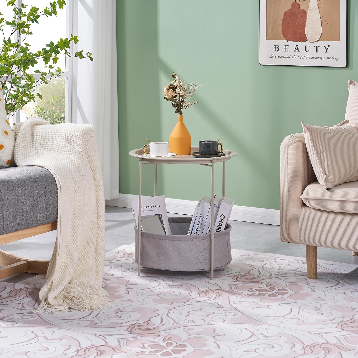 VECELO Round Side/End Table with Fabric Storage Basket，Metal Anti-Rust and Waterproof Small Bedside Nightstand with Removable Tray Top for Living Room，Balcony & Laundry，Grey /1pcs with Basket
