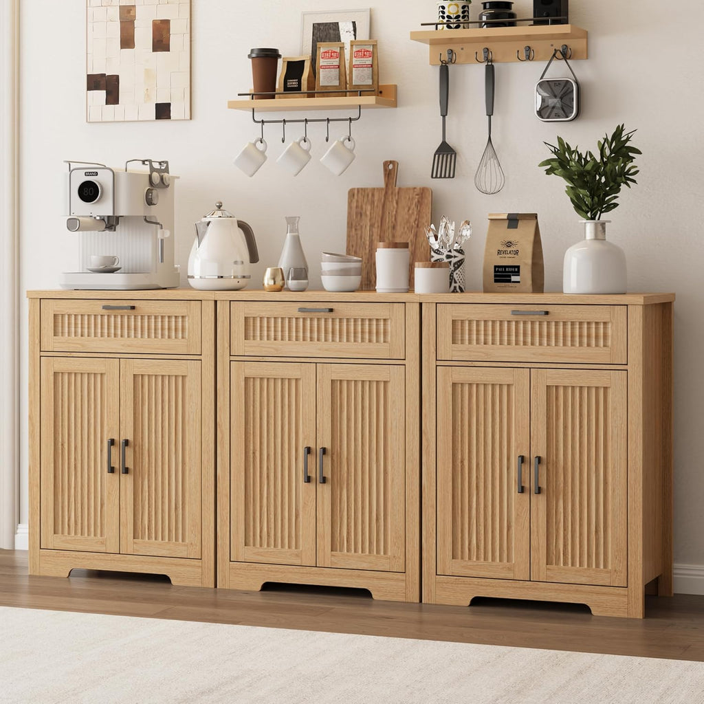 Buffet Cabinet with Storage Drawer, Farmhouse Coffee Bar Table with Storage Drawer and Adjustable Shelf, Small Fluted Sideboard Cabinet for Kitchen, Dining Room, Living Room, Entryway, Natural Oak