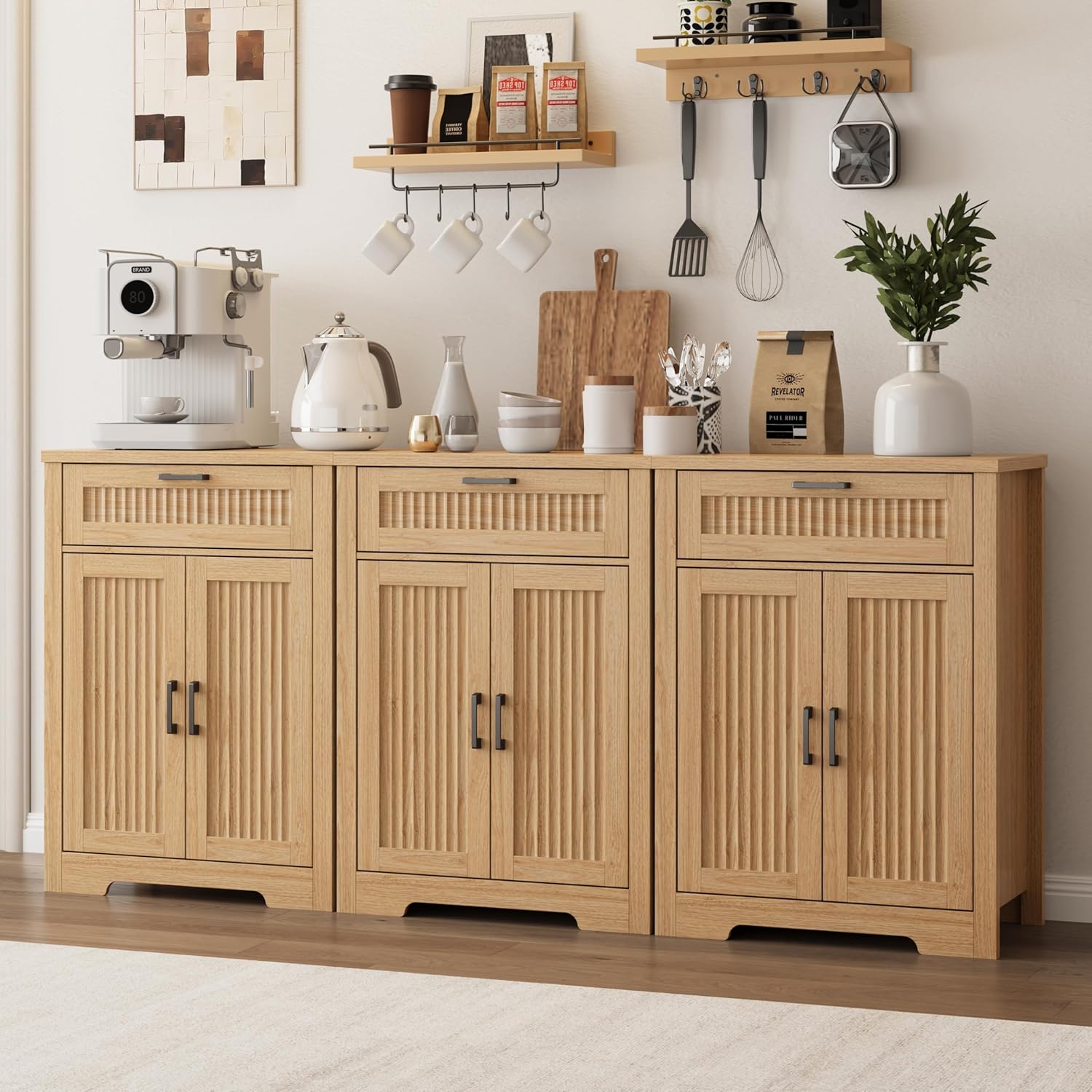 Buffet Cabinet with Storage Drawer, Farmhouse Coffee Bar Table with Storage Drawer and Adjustable Shelf, Small Fluted Sideboard Cabinet for Kitchen, Dining Room, Living Room, Entryway, Natural Oak