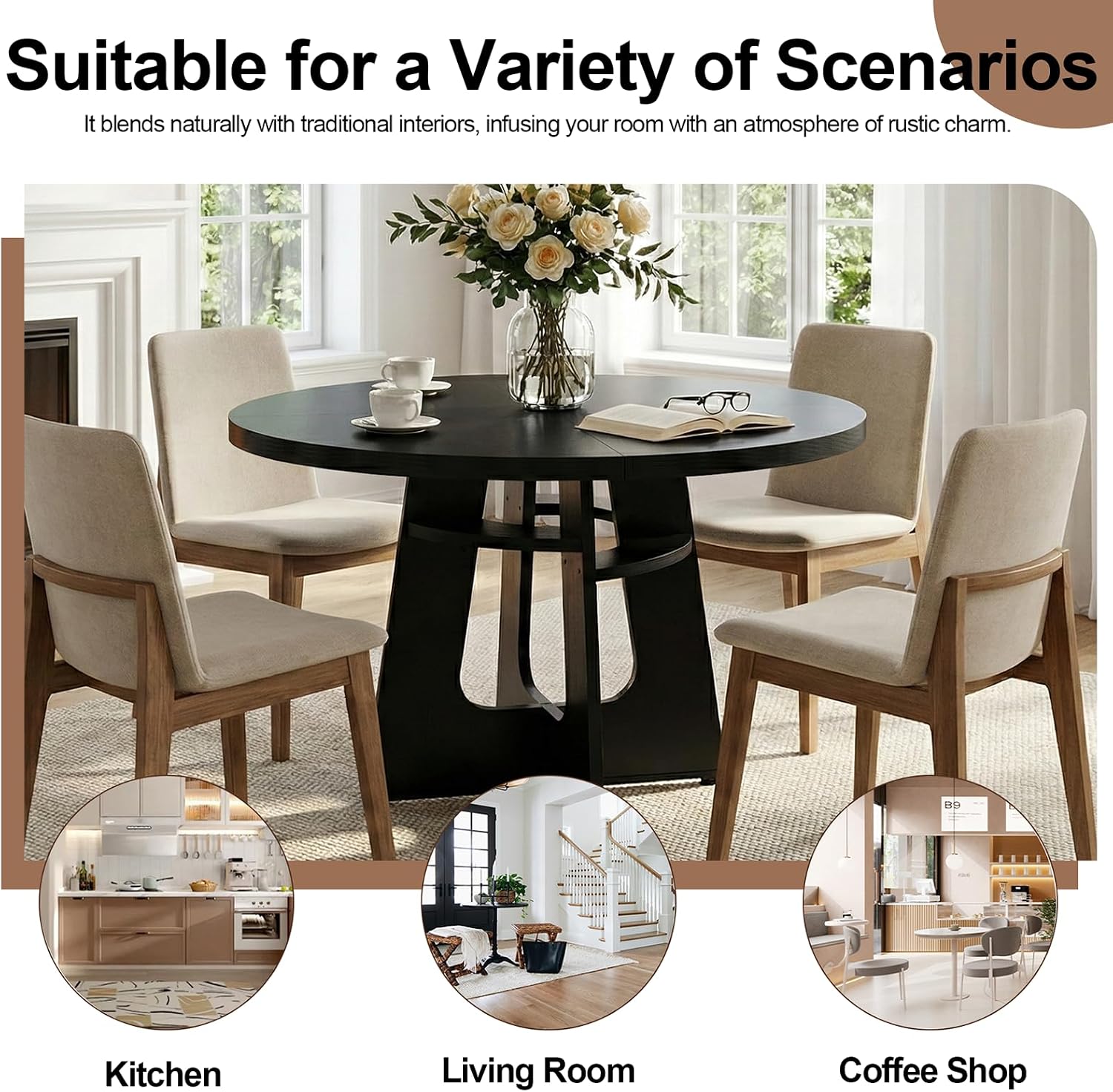 47" Round Dining Table for 4-6 Black, Farmhouse Wood Circle Dinner Table, Modern Wooden Circular Dinner Tables Easy Assembly for Dining Room/Kitchen/Living Room/Apartment (Table Only)