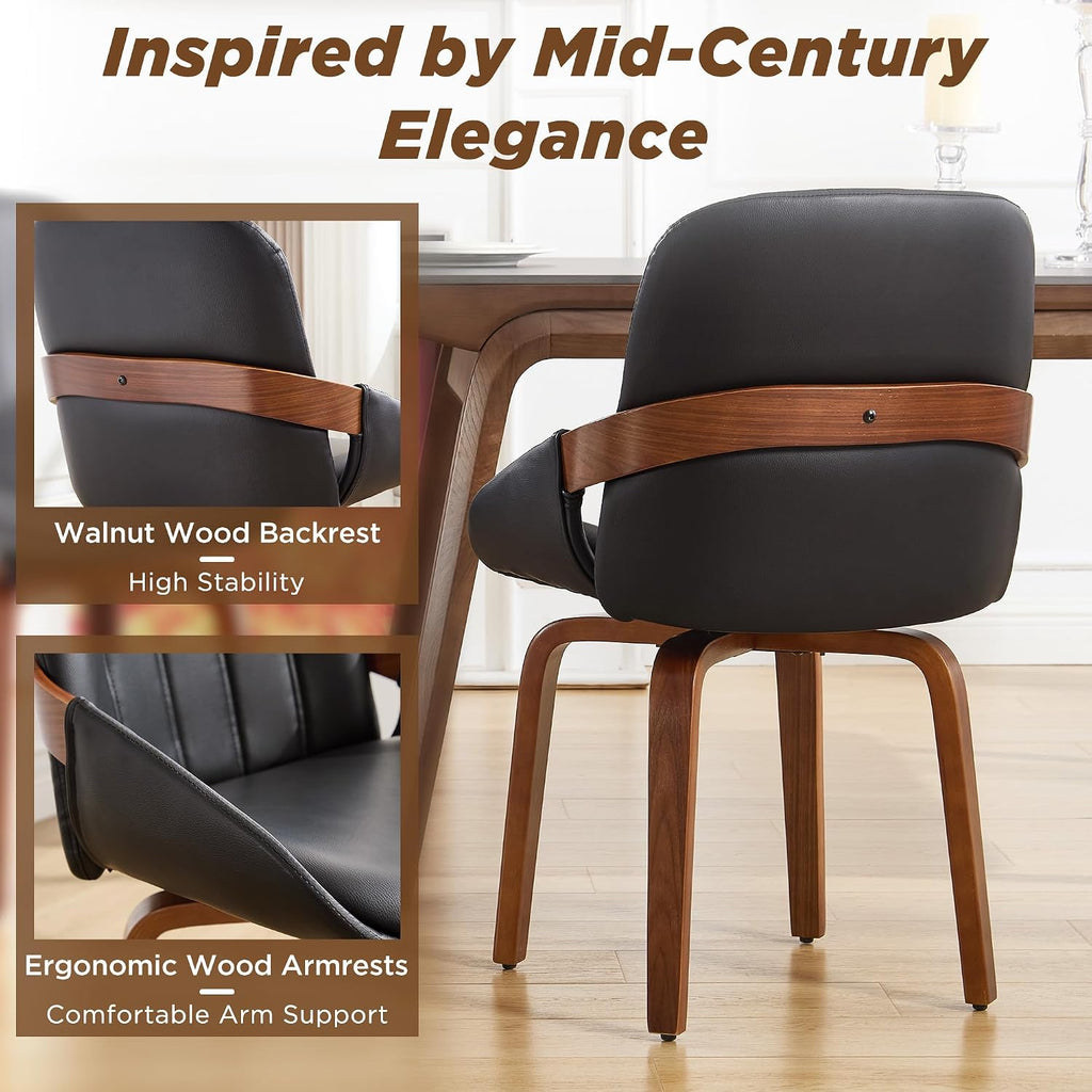 Swivel Black Dining Chairs Set of 4, Mid Century Modern Faux Leather Dining Room Chairs with Arms, Upholstered Kitchen Vanity Accent Chair, Walnut Backrest Support & Sturdy Wood Legs