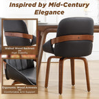 Swivel Black Dining Chairs Set of 4, Mid Century Modern Faux Leather Dining Room Chairs with Arms, Upholstered Kitchen Vanity Accent Chair, Walnut Backrest Support & Sturdy Wood Legs