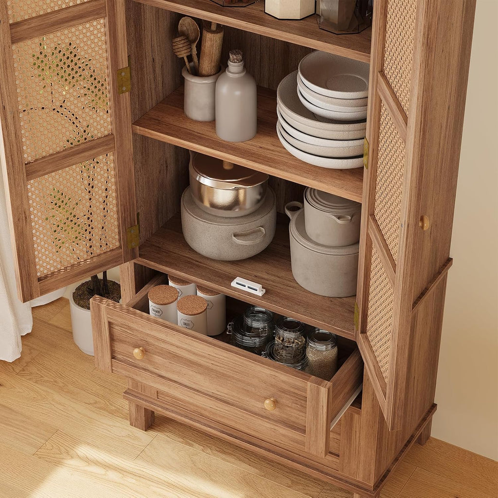 Rattan Pantry Cabinet, 64 Inch Tall Kitchen Storage Cabinet with 2 Adjustable Shelves, 2 Drawers, Large Wooden Food Cupboard for Living Room, Dining Room, Light Brown