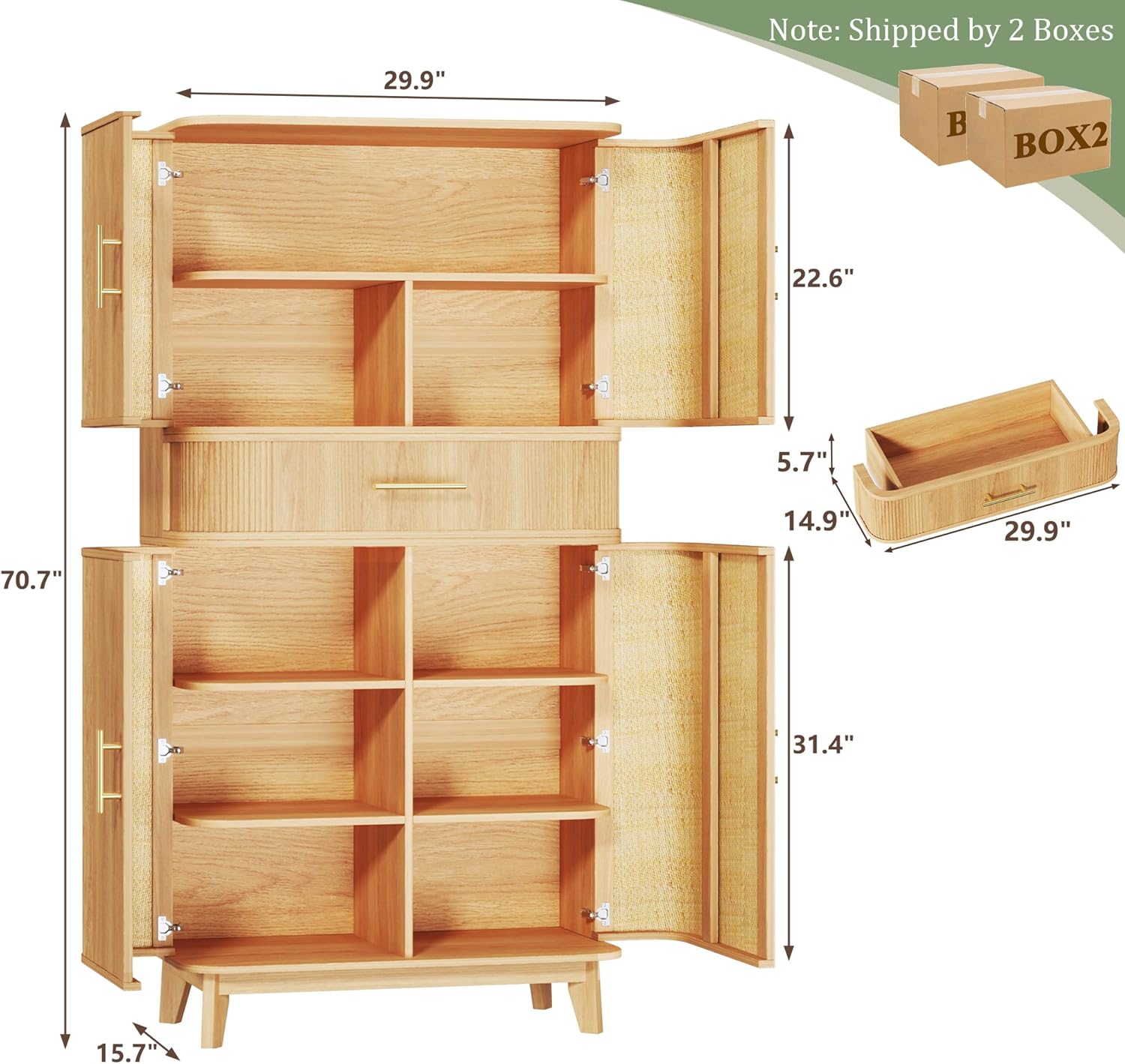 HUAHUU 71" Pantry Cabinet with Drawer, Kitchen Pantry Storage Cabinet with 4 Doors, Modern Curved Storage Cabinets with 10 Large Storage Spaces for Dining Room, Living Room, Oak