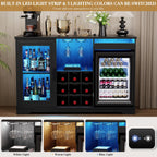 BROTTAR Coffee Bar Cabinet with Fridge (Fridge Included), Large Liquor Bar Cabinet with LED Lights, Glass Holder & Wine Rack, Wine Cabinet with Human Body Sensor, Buffet Sideboard for Home, Black