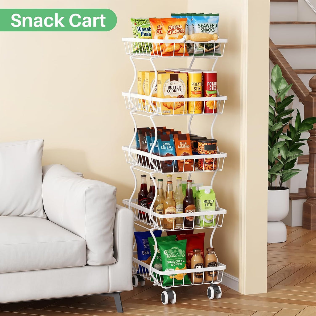 SAYZH Fruit Basket Kitchen Pantry Organizers and Storage - 5 Tier Stackable Metal Wire Basket Stand For Fruit Vegetable Snacks Jars Bins Containers Organization (White, 5 Tiers)