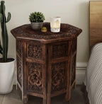 End Tables for Living Room– Hand Carved Vintage Boho Folding Side Tables for Small Spaces, Entryway, Living Room, Bedroom – No Tools Assembly, 18"x18" Octagon, Scorch Burnt Finish
