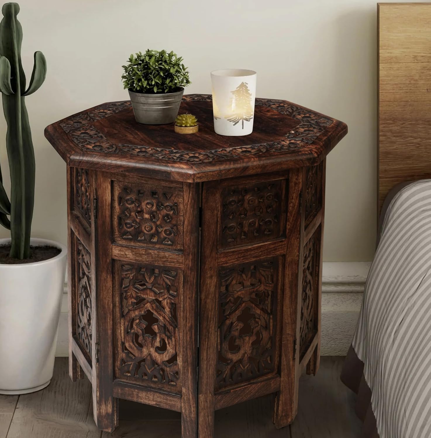 End Tables for Living Room– Hand Carved Vintage Boho Folding Side Tables for Small Spaces, Entryway, Living Room, Bedroom – No Tools Assembly, 18"x18" Octagon, Scorch Burnt Finish