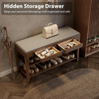 Shoe Bench with Storage, Wooden Shoe Storage Bench with Cushion&Hidden Drawer, 2-Tier Shoe Rack Bench for Entryway, Mudroom, Hallway